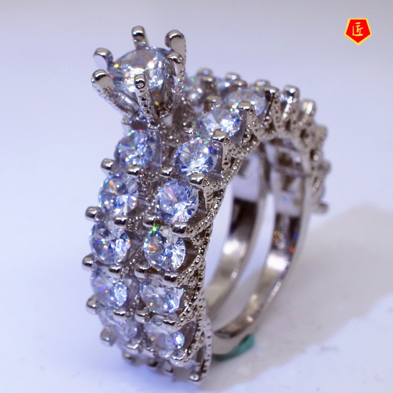 [Ready Stock]Classic round Full Diamond Ring Set Luxury Fashion