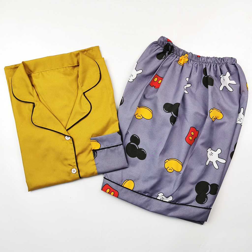 Setelan Piyama Dewasa Celana Pendek Lengan Pendek Hotpant All Size-HPL MICKEY GREY COMB