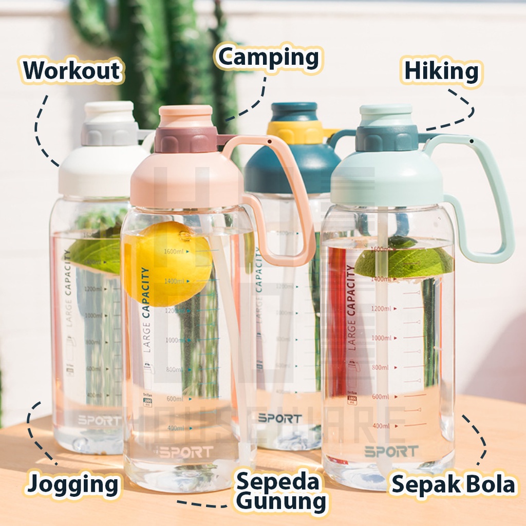 HUGO Botol Minum Bening Besar Jumbo 1800 ml Anti Bocor dengan Handle dan Sedotan Premium Quality