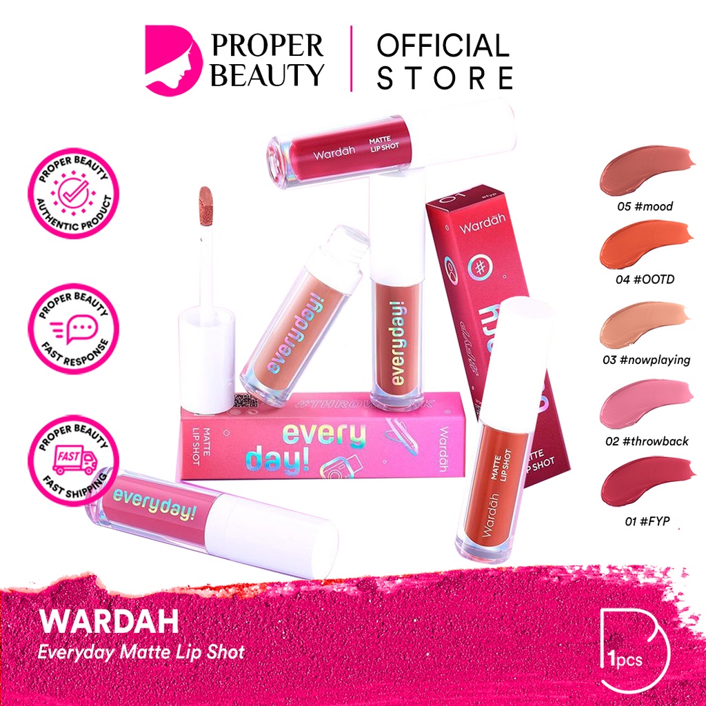 WARDAH Everyday! Matte Lip Shot Indonesia / Lipstick Facial Wash Face Essence Toner Mist Serum Day Night Eye Cream Sunscreen Mask Masker Tint Ink Gloss / Lightening Crystal Secret Acnederm Nature Daily Renew You Colorfit Uv Shield Spf Acne Paket Series