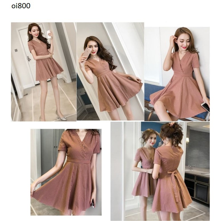 oi800- baju terusan wanita dress  V line garis merah bata import