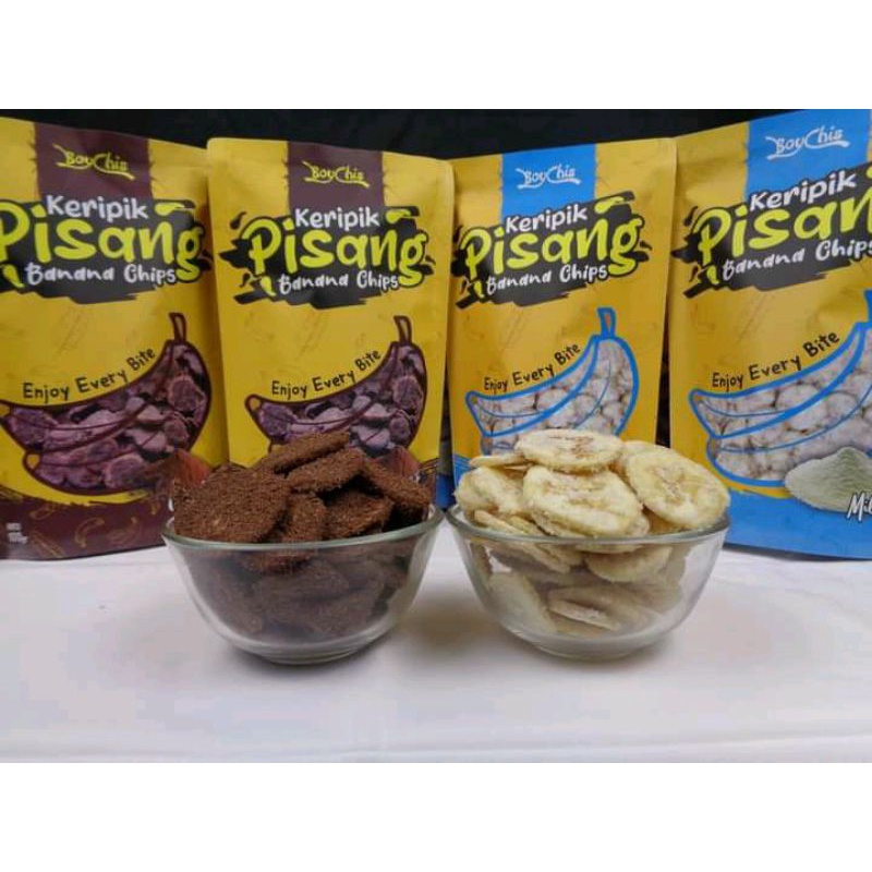 

kripik pisang boychis varian rasa chocolate dan milk