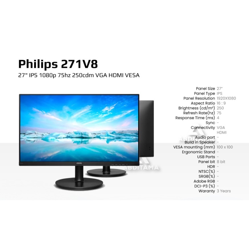 Monitor LED Philips 271V8 27&quot; IPS 1080p 75hz 250cdm VGA HDMI VESA