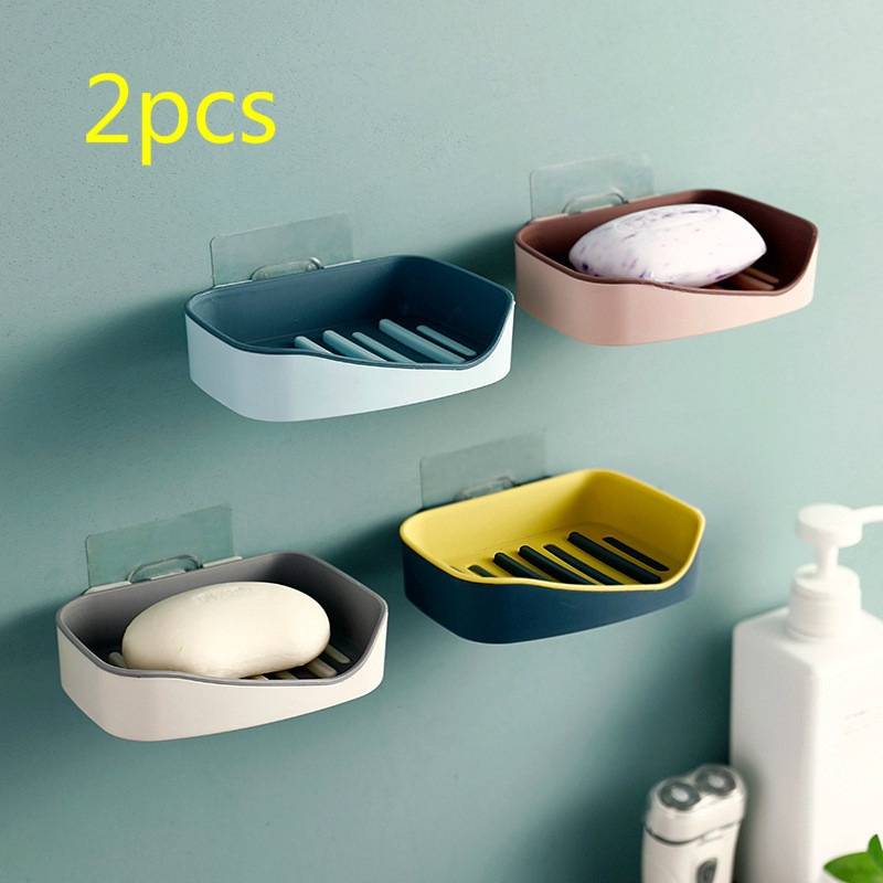 2 Pcs Self Adhesive Wall Mounted Soap Rack No Drilling Storage Box Rack Double Layer Soap Holder Drain Soap Sponge Dish