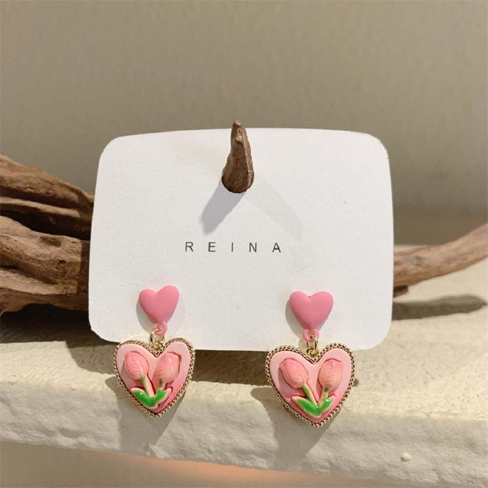 Anting Menjuntai Tulip Agustina Geometris Simple Love Heart Untuk Anak Perempuan Giwang Telinga Alloy Manis