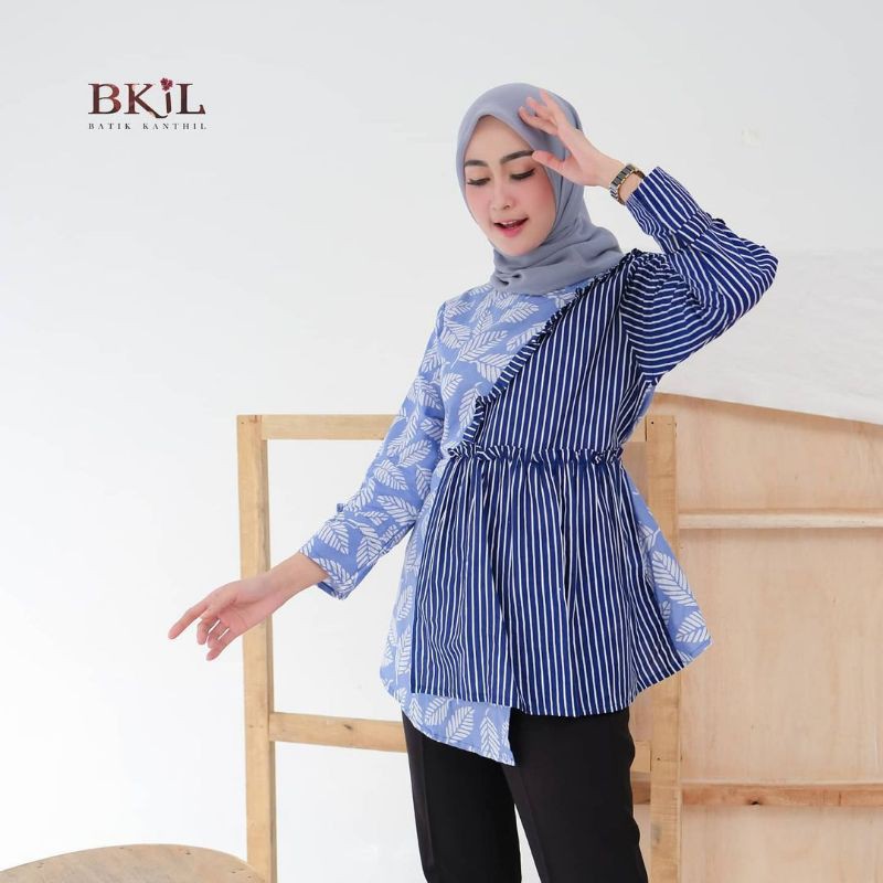 tey-17 Batik wanita ASJ SA HRB026 Kenongo Kemeja Tosca Pendek-B lurik navy