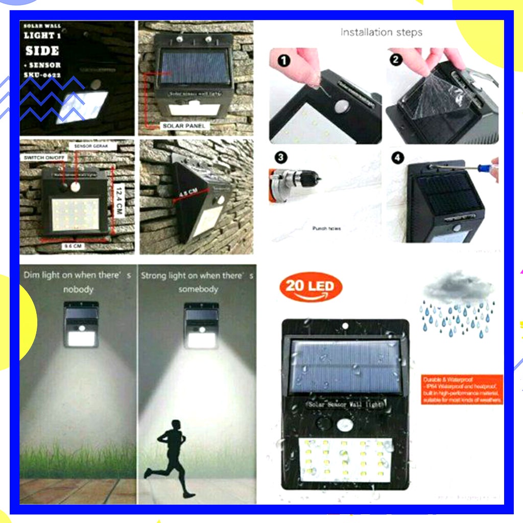 Lampu Taman Lampu Tembok Lampu Dinding Sensor Solar Tenaga Matahari Surya Outdoor 20 LED