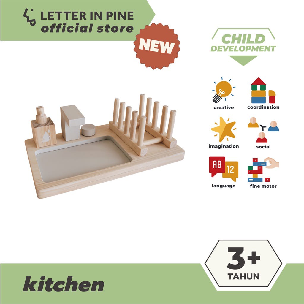 LETTERINPINE - SINK WITH DISH TRAY AND HANDWASH / Mainan Kayu Masak-Masakan