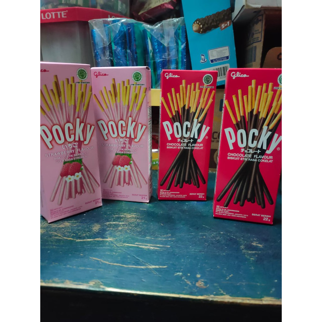 

STIK COKLAT POCKY COKLAT DAN STAWBERRY 22 GRAM PER BOX