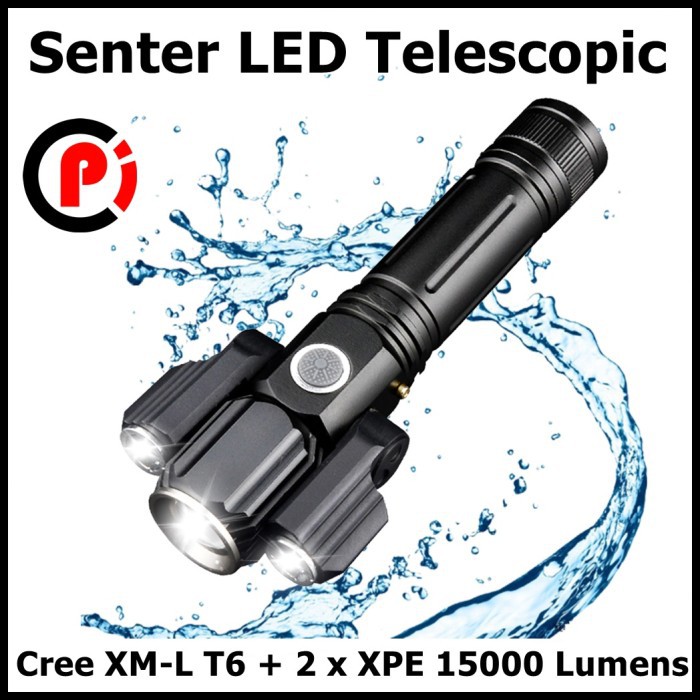 Senter LED Torch Telescopic Zoom Cree XM-L T6 + 2 x XPE 15000 Lumens