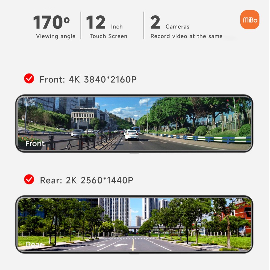 Mibo A8 Dashcam Rearview 12inch Camera DVR 4K+2K HDR