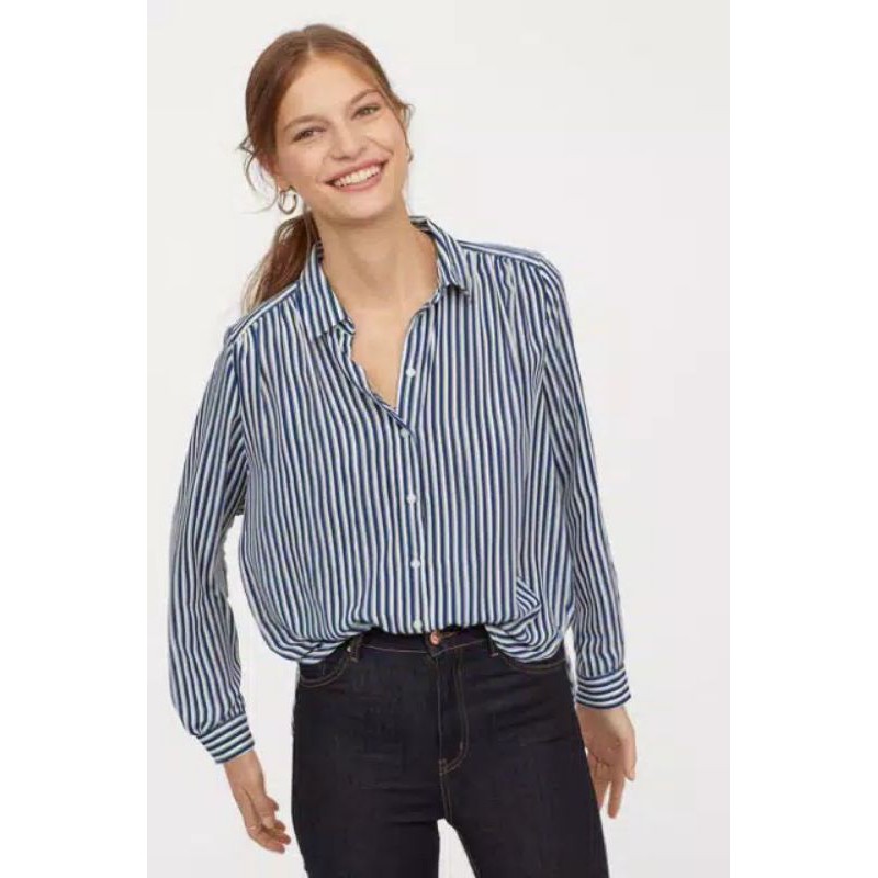 KEMEJA WANITA ATASAN CEWEK GARIS STRIPED BLUE BIRU LENGAN PANJANG ORIGINAL BRANDED MURAH