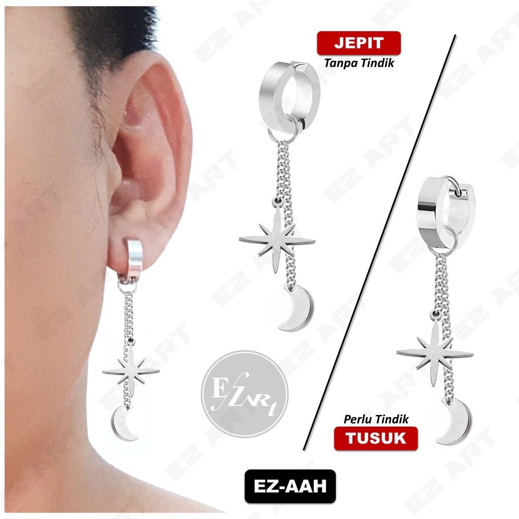 1Pc EZ-AAH ANTING KPOP BULAN BINTANG JEPIT / TUSUK SILVER PRIA WANITA STAINLESS STEEL