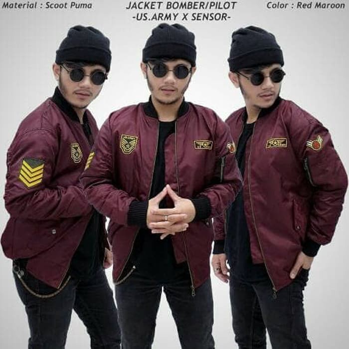 JAKET BOMBER PRIA US ARMY MERAH MAROON KEREN
