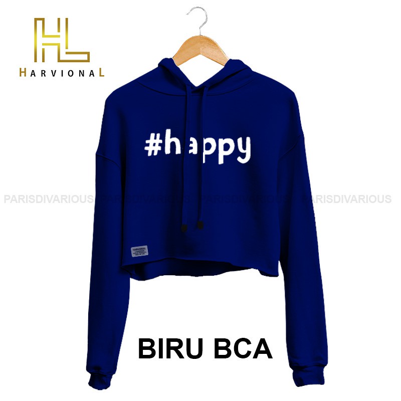 SWEATER CROP HOODIE HAPPY BAHAN FRENCHTERRY TERLARIS