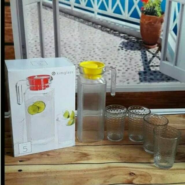 Kimglass Teko Set Kaca Polos 1 Teko 4 Gelas Pitcher Minuman Set