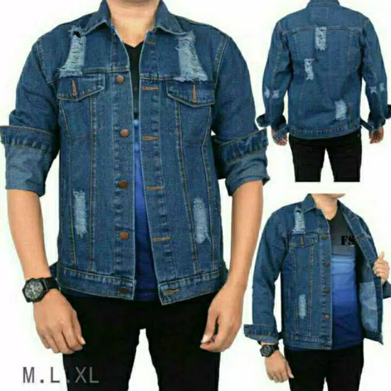 JAKET JEANS PRIA SOBEK MOTIP RIPPED MURAH GAYA WARNA BIRU MUDA & BIRU TUA BLITZ BIOWOSH