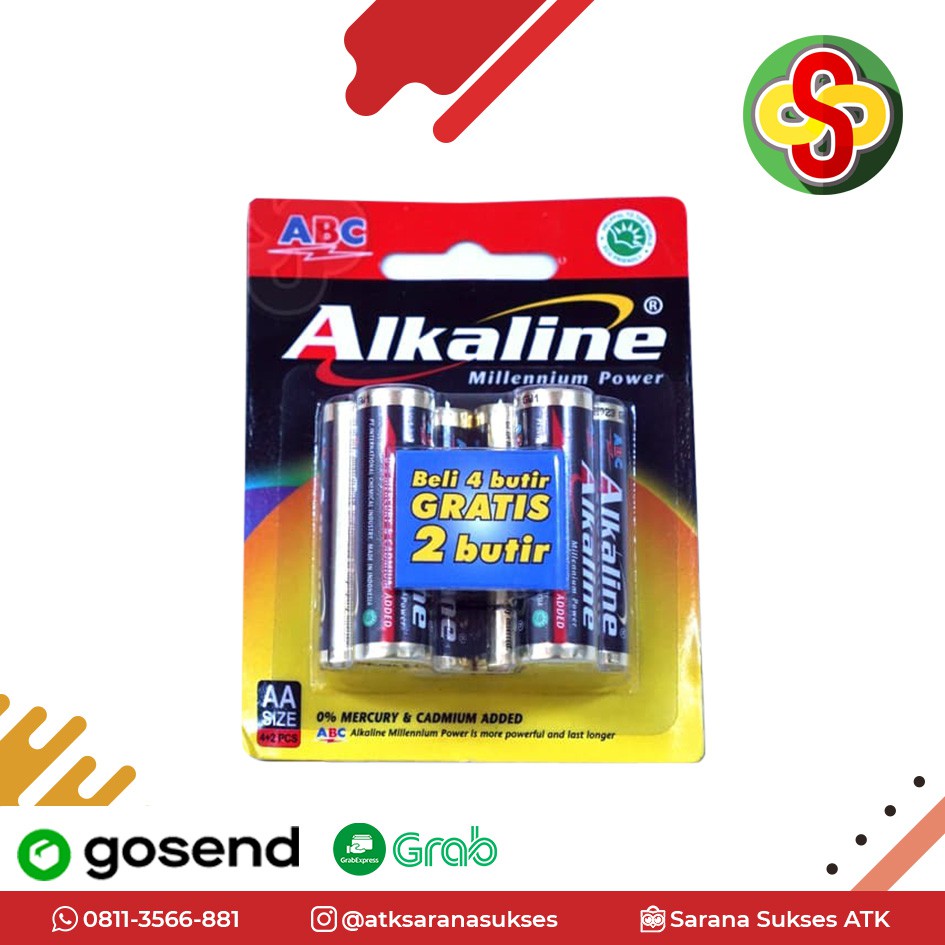 Baterai ABC Alkaline AA LR06 4 Bonus 2 (Isi 6 pcs)