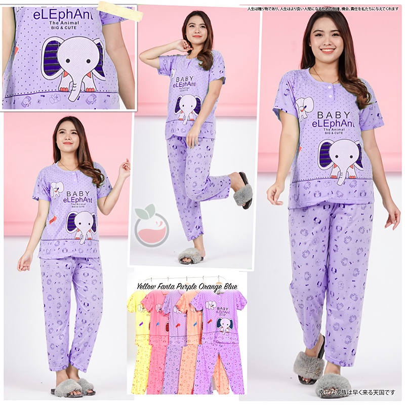 Lilipop.id  Baju Tidur Wanita CP Elephant Setelan Piyama BabyDoll Kaos Celana Panjang