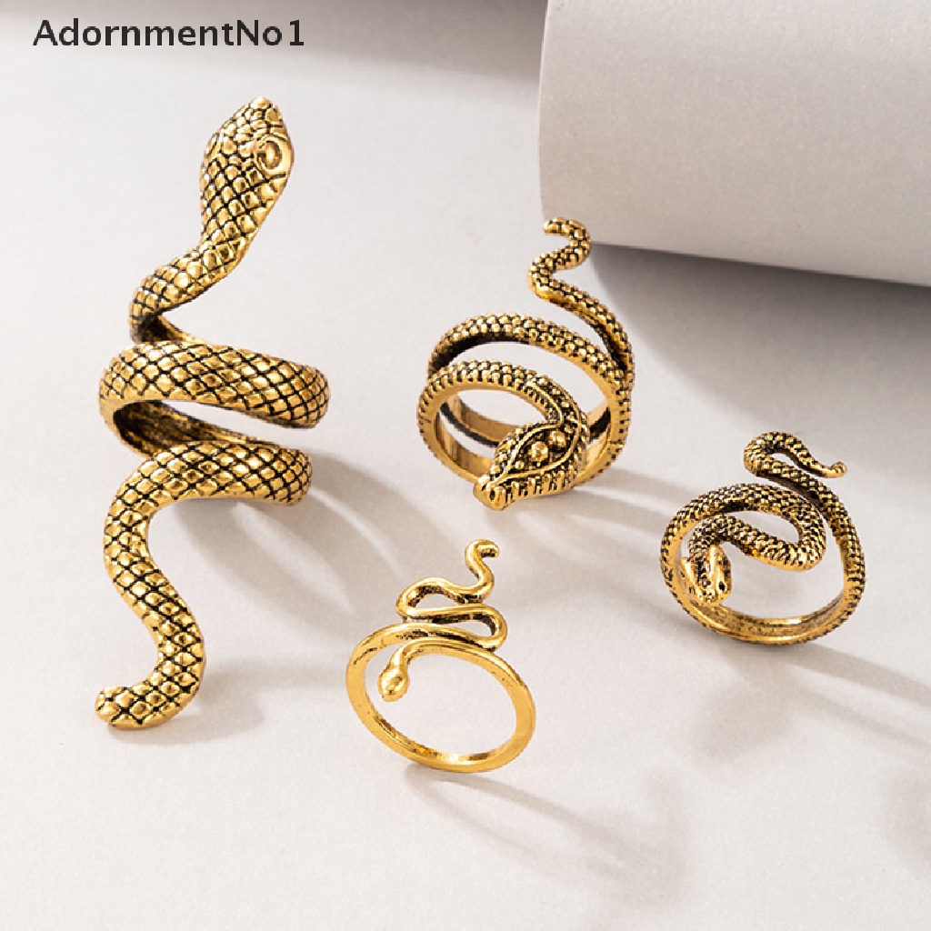 (AdornmentNo1) 4pcs / Set Cincin Terbuka Motif Ular / Geometri Aksen Kristal Untuk Perhiasan Pria / Wanita / Pesta