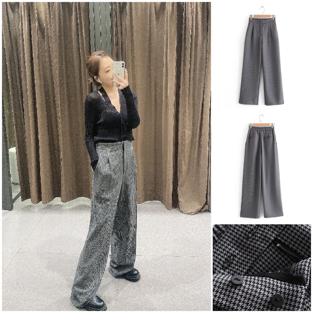 CELANA IMPORT PANJANG GAYA KULOT KANTORAN MOTIF GRID HITAM PREMIUM VEN9558