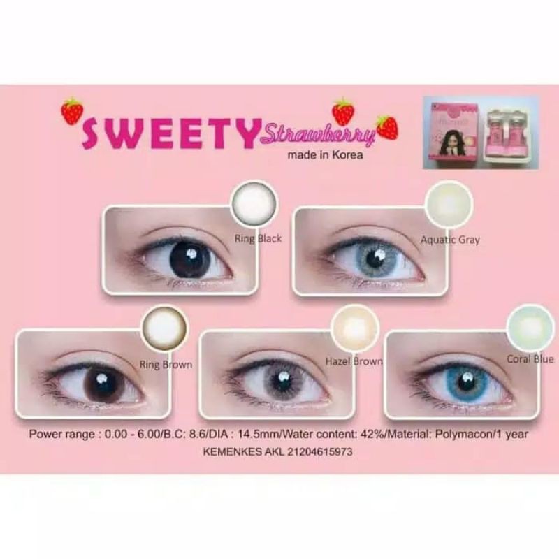 ORIGINAL SOFTLENS DIAMETER  14.5 STRAWBERRY LENSA WARNA  SOFTLENS MINUS KOREA SWEETY STRAWBERRY PART 1 MINUS SOFTLENS WARNA ORIGINAL