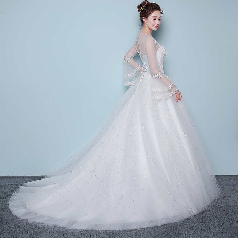 065 White Long Sleeve Long Tail Lace Long Tail Wedding Dress Bridal Gown