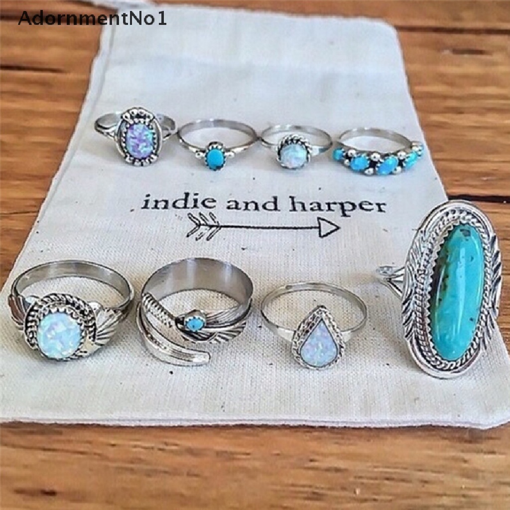 (AdornmentNo1) 8pcs / Set Cincin Silver Gaya Bohemian Aksen Batu Opal Turquoise Untuk Perhiasan Wanita