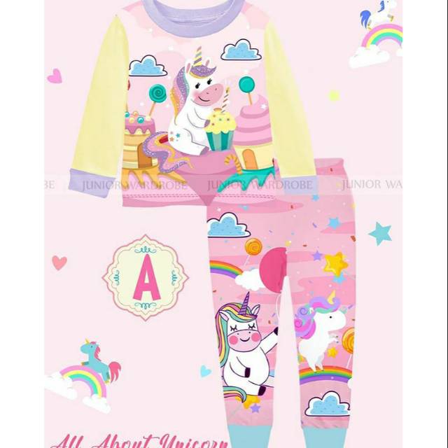 Setelan baju tidur piyama anak perempuan cup cake unicorn Junior Wardrobe JW 109-A