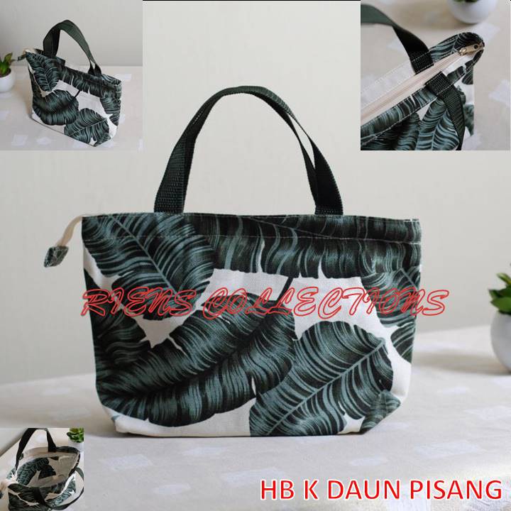 RIENS COLLECTIONS. HANDBAG KECIL BAHAN KANVAS MOTIF DAUN PISANG. TAS KANVAS