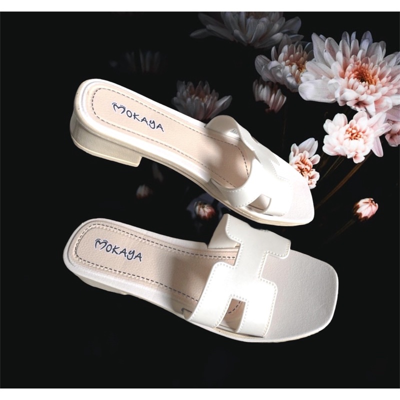 SANDAL SLOP WANITA MOTIF H HAK 3 CM/ MOKAYA/ JELLY IMPORT/ SENDAL IMPORT