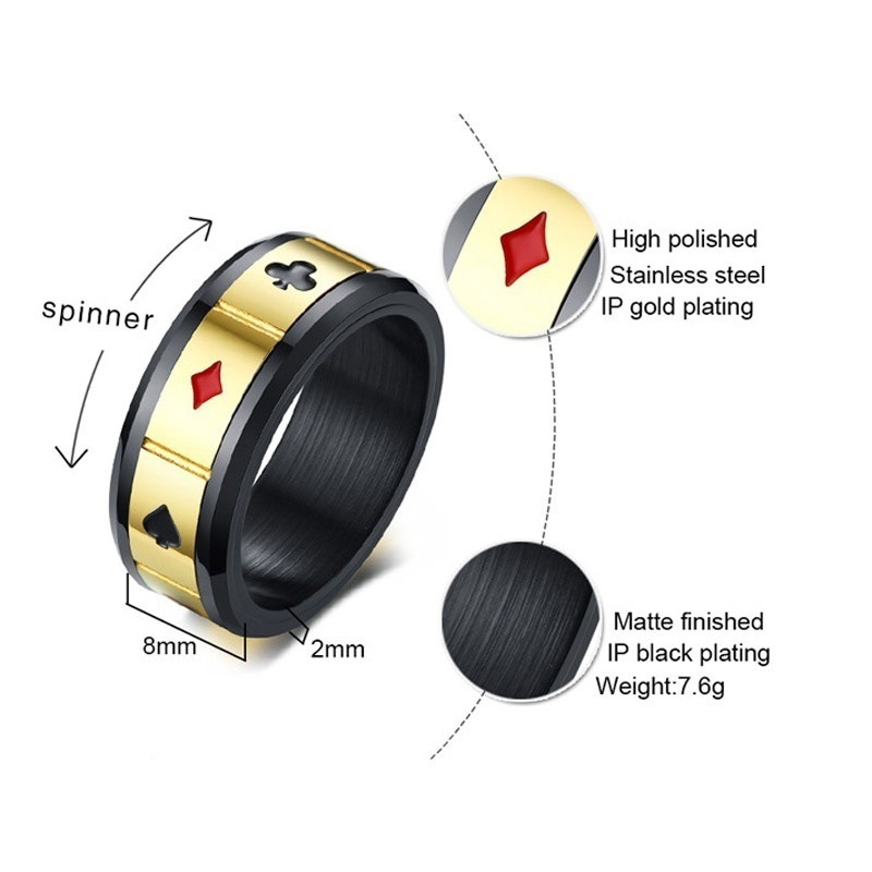 Cincin desain poker stainless steel bermata emas dan hitam yang dapat diputar Perhiasan fashion pria dan wanita