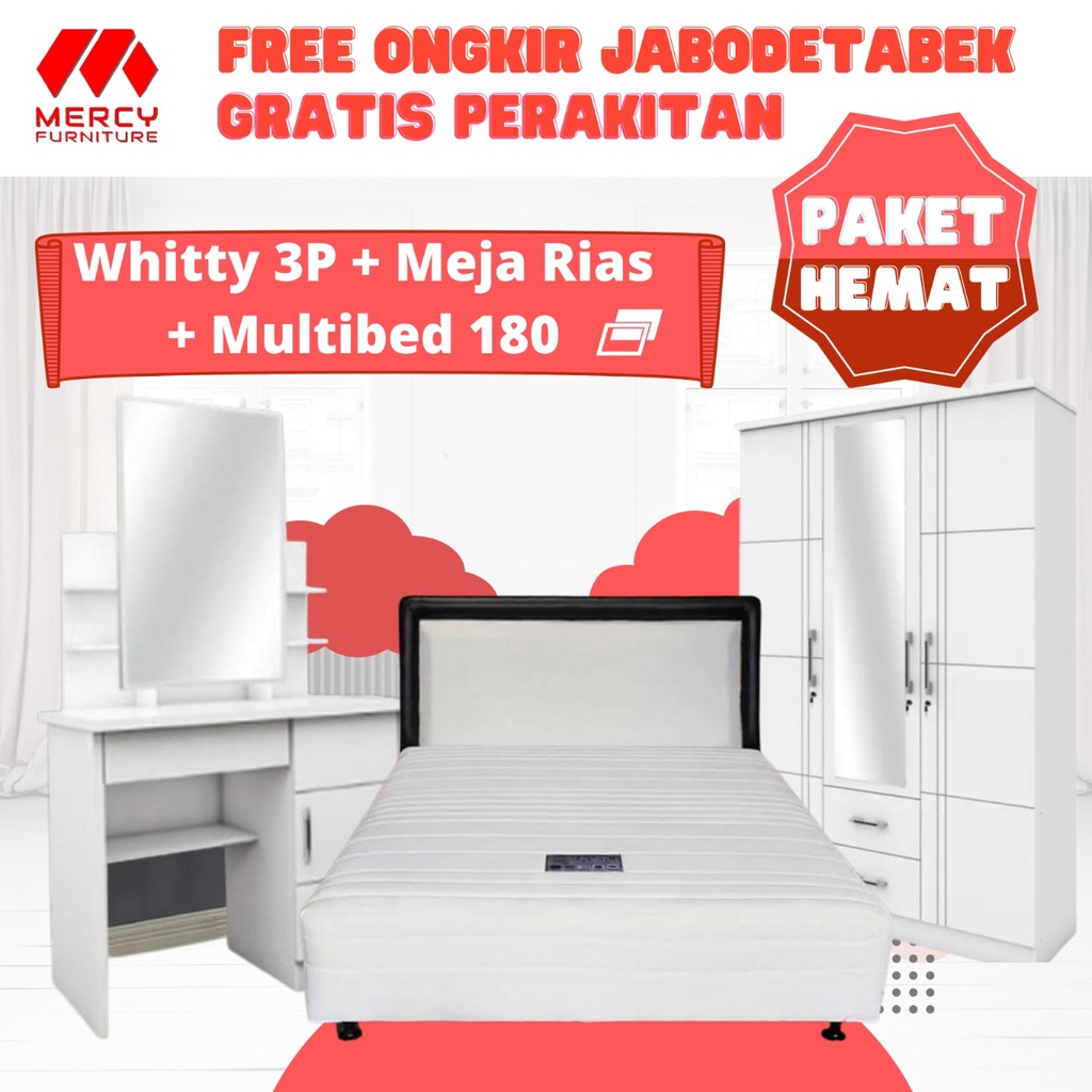 MERCY Paket Hemat Furniture Ruang Kamar Multibed + Lemari Pakaian 3 Pintu + Meja Rias