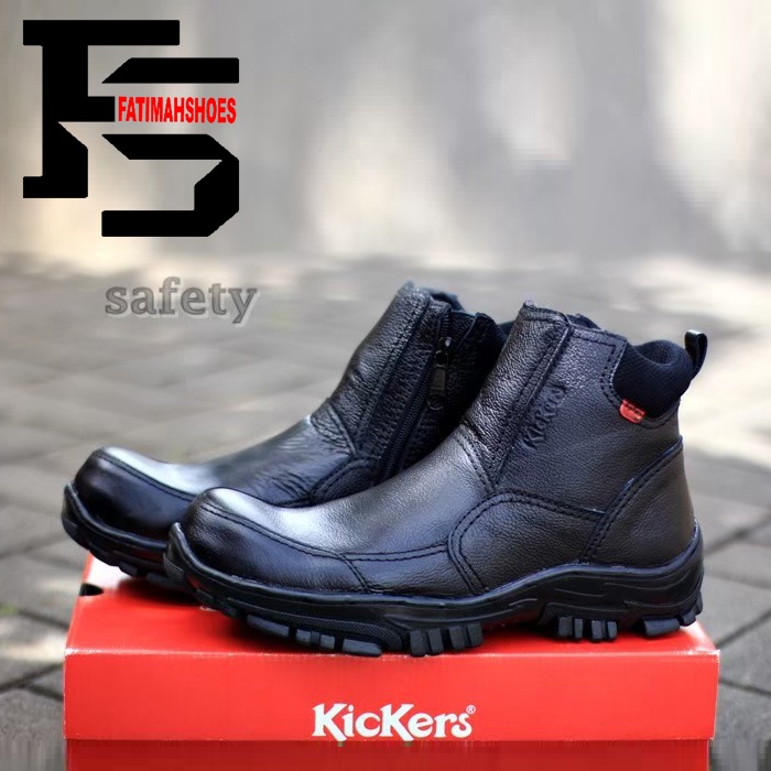 FATIMAHSHOES Sepatu Safety Boot Kulit Pria Ujung Besi Kerja Proyek Kulit Sapi Hitam