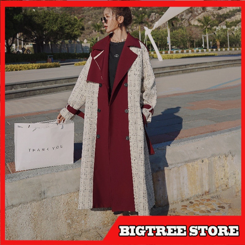 Coat Wanita Musim Dingin Import Windbreaker Temperament Long Plaid Stitching Spring  Autumn New Wind