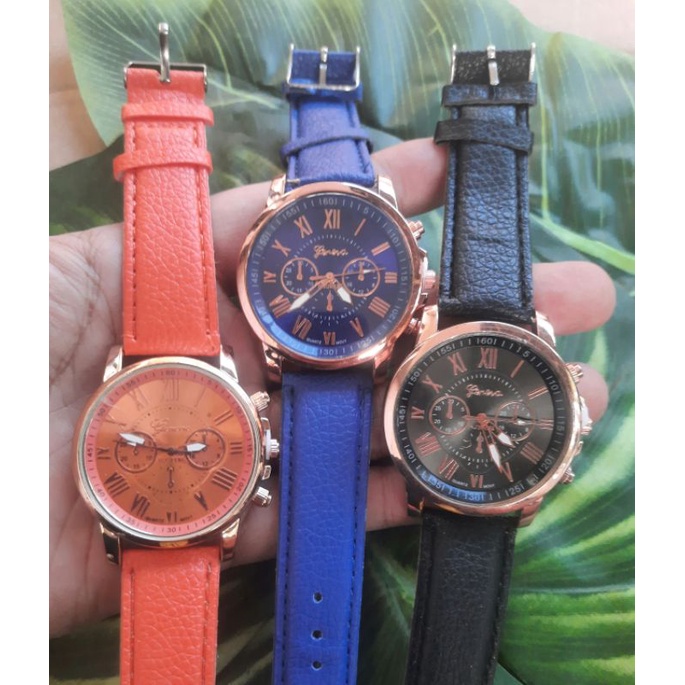 jam tangan warna pria wanita import elegan tali kulit fashion merk GENEVA analog Quartz MURAH