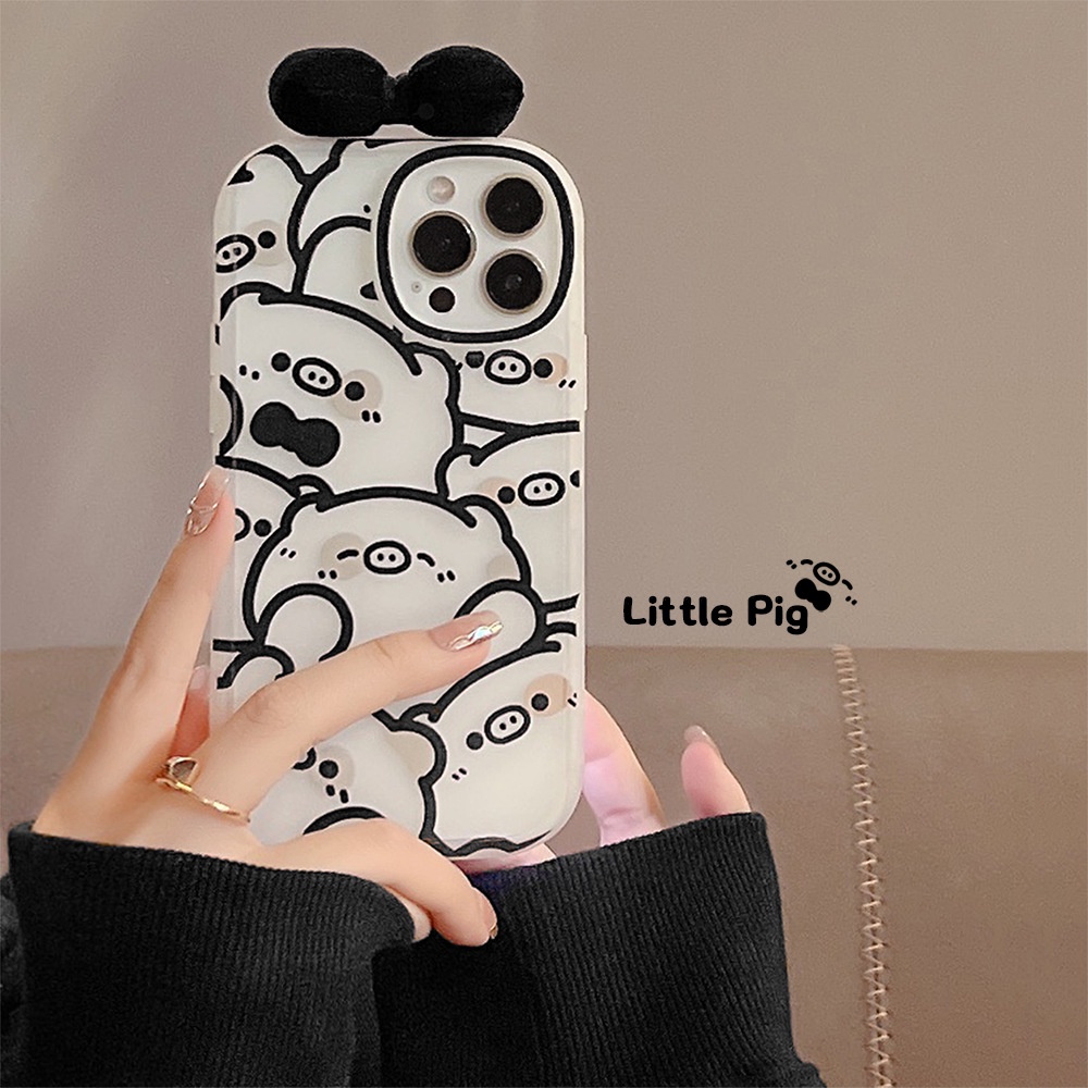 IPHONE Hitam Kartun Sketsa Babi Dengan Busur 3D Lucu Lembut Phone Case Cover Untuk Iphone7 8 PLUS X XR XS 11 12 13 14 MINI PRO MAX Se2020