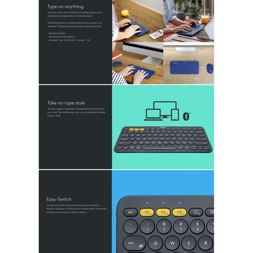 Keyboard Bluetooth Logitech K380 K-380 Portable Multi-Device PC HP Tab