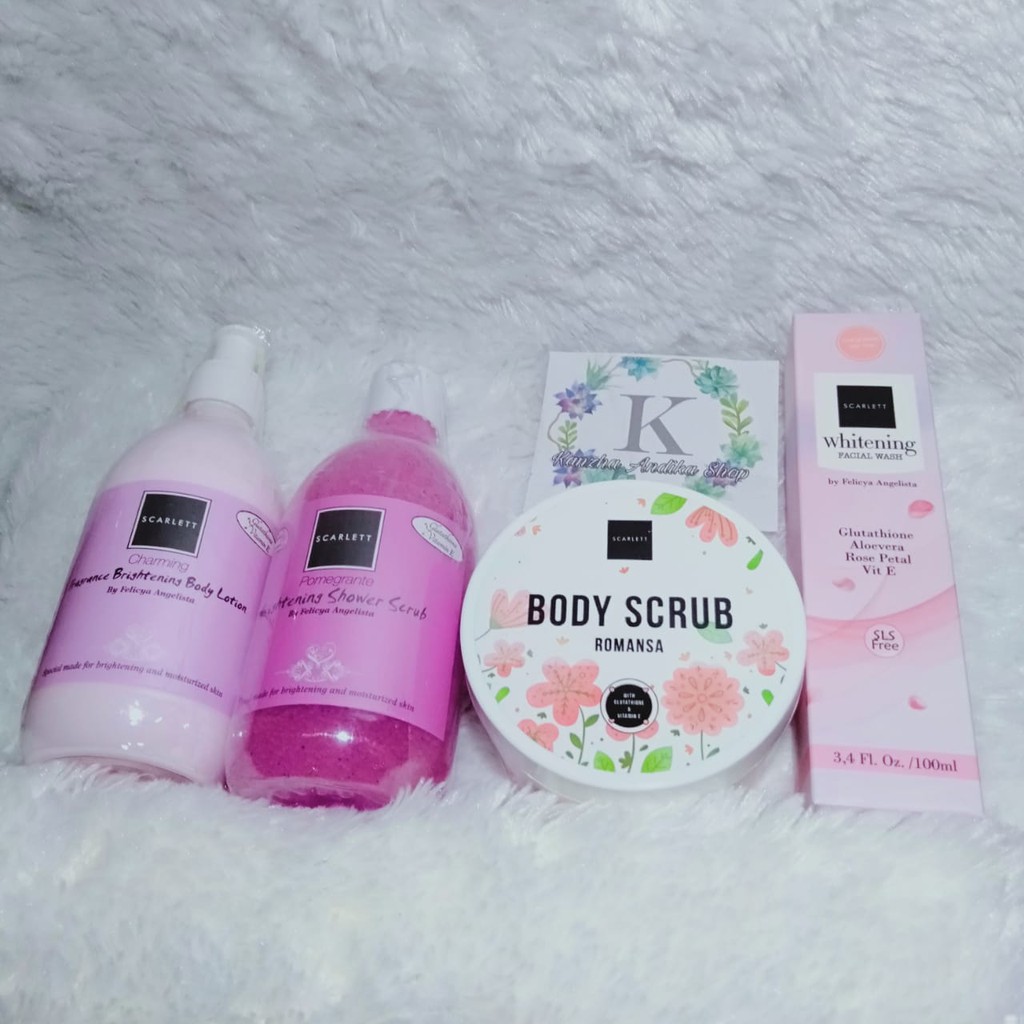 Paket SCARLETT 4 in 1 Scarlet Whitening Body Lotion Romansa - Scarlet Shower Scrub - Dan Facial Wash