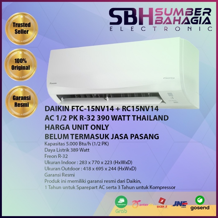 DAIKIN FTC-15NV14 + RC15NV14 AC 1/2 PK R-32 390 WATT THAILAND (NEW) (KHUSUS BANDUNG)