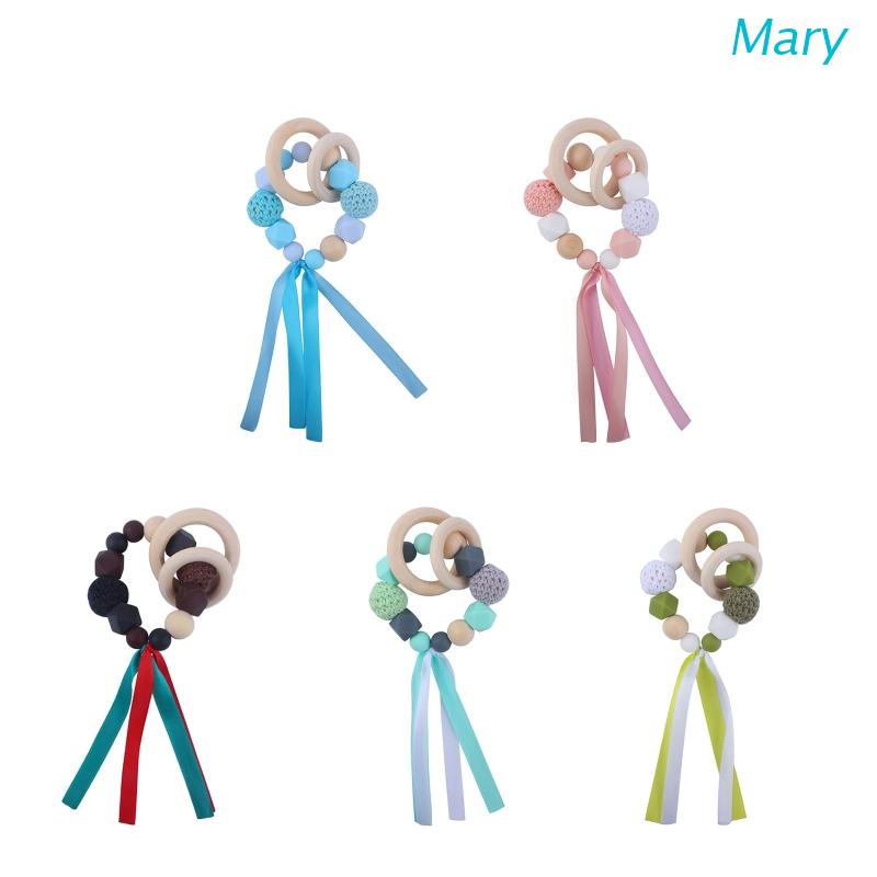 Mary Mainan Teether Ring Kayu Aksen Pita + Manik-Manik Silikon BPA free Untuk Bayi