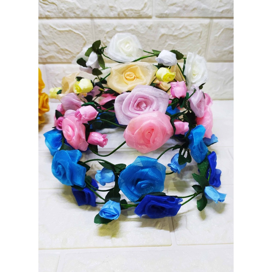 Flower Crown Chiffon &amp; Pita Tile, Flower Headpiece, Mahkota Bunga, Bando Bunga Aksesoris Rambut