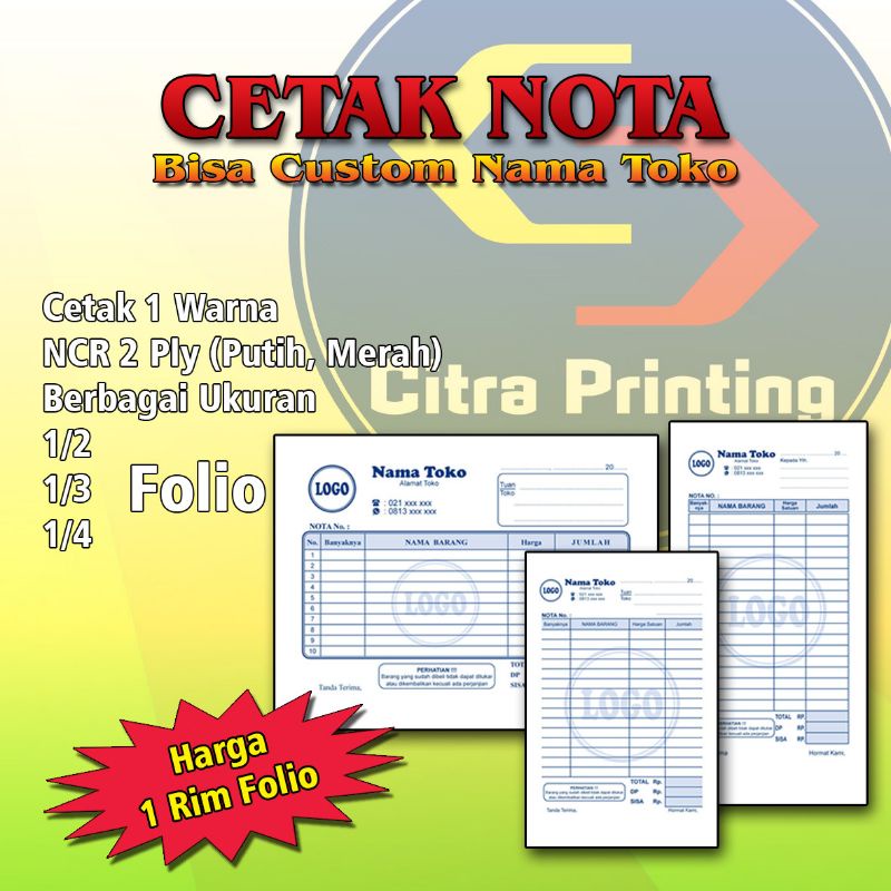 Jual Cetak Nota Ncr 1 Rim Folio 2 Ply 1 Warna Rangkap Nota Berbagai Ukuran Shopee Indonesia 5119