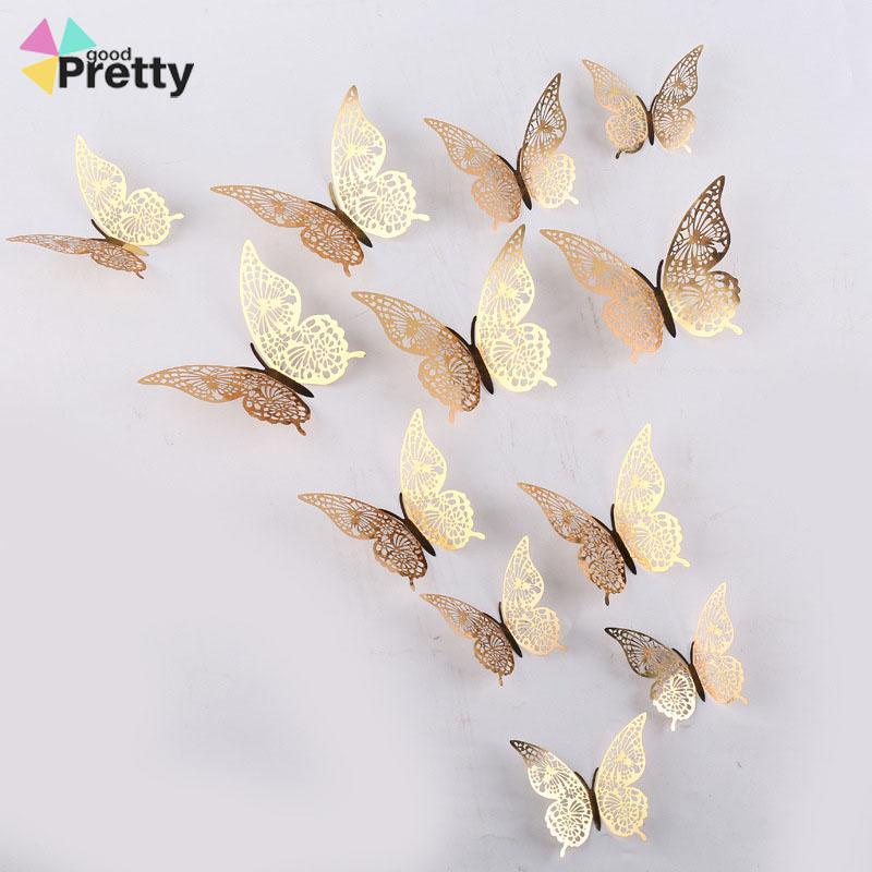 12pcs Stiker Dinding 3D Desain stiker Kupu-Kupu Hollow Untuk Dekorasi Pesta Pernikahan Sticker Butterfly