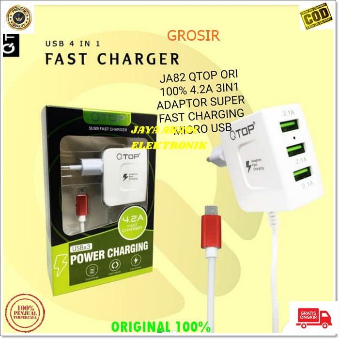 J82 ORIGINAL QTOP 4.2A ADAPTOR FAST CHARGING 3 USB TRAVEL ADAPTOR CHARGER FLASH CAS CASAN MICRO USB  3in1 adaptor hp micro usb cas casan super fast charging travel charger flash charge quick qualcomm adapter adaptive watt w kabel data androit handphone qu