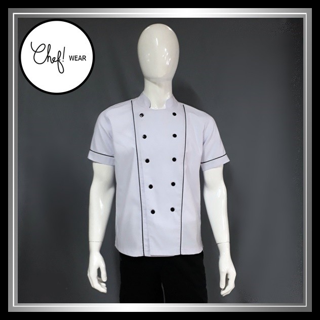 Chef Wear Baju Koki SS Putih  (piping hitam) S-XXL