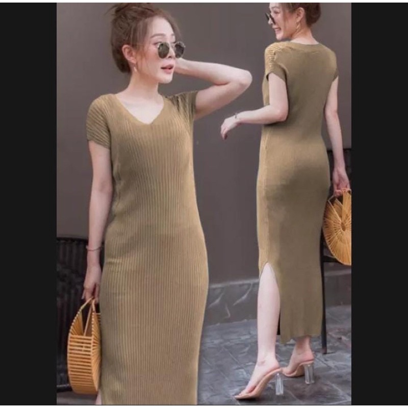 Dress Rajut V-Neck Dress Wanita Tebal