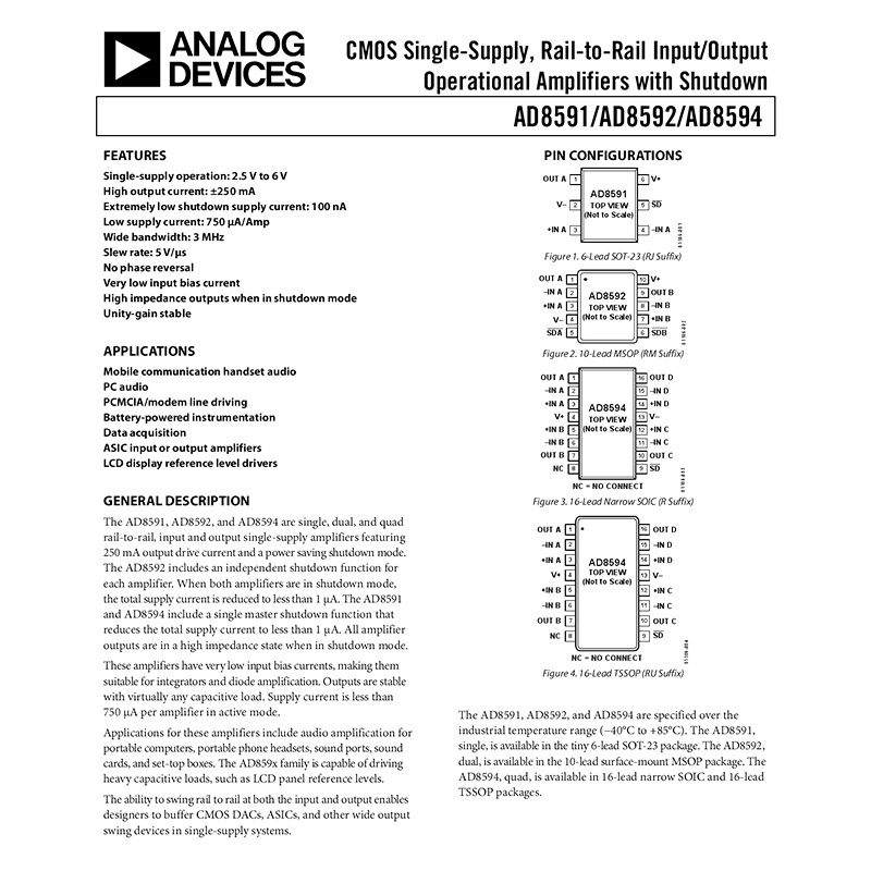 Ad8591artz-reel7 SOT-23-6 Layar Printing A9A 3MHz Universal