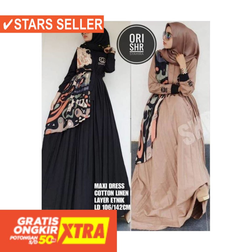 BAJU MUSLIM TERKINI TERBARU WANITA MURAH CEWE ASLI / " NEW "GAMIS LAYER ETNIK SHR ORI 100%
