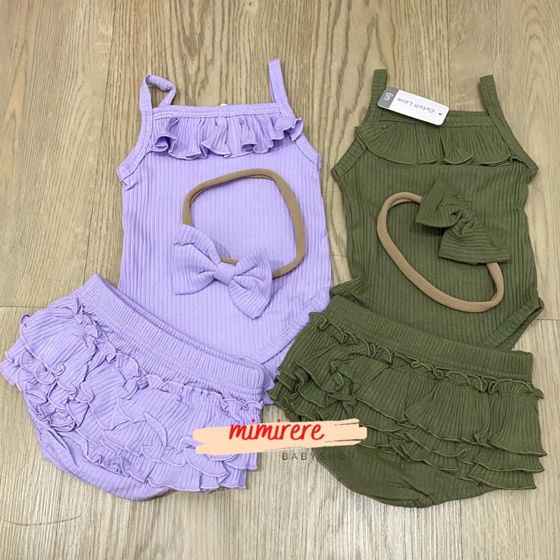 Set Baby Tanktop Rib Ruffle Bandana | Catell Love Tank top Bayi Import Bahan Rib